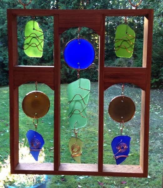 Suncatcher, Sun Catcher, Stained Glass, Sea Glass, Beach Glass, Copper, Framed, Hanging