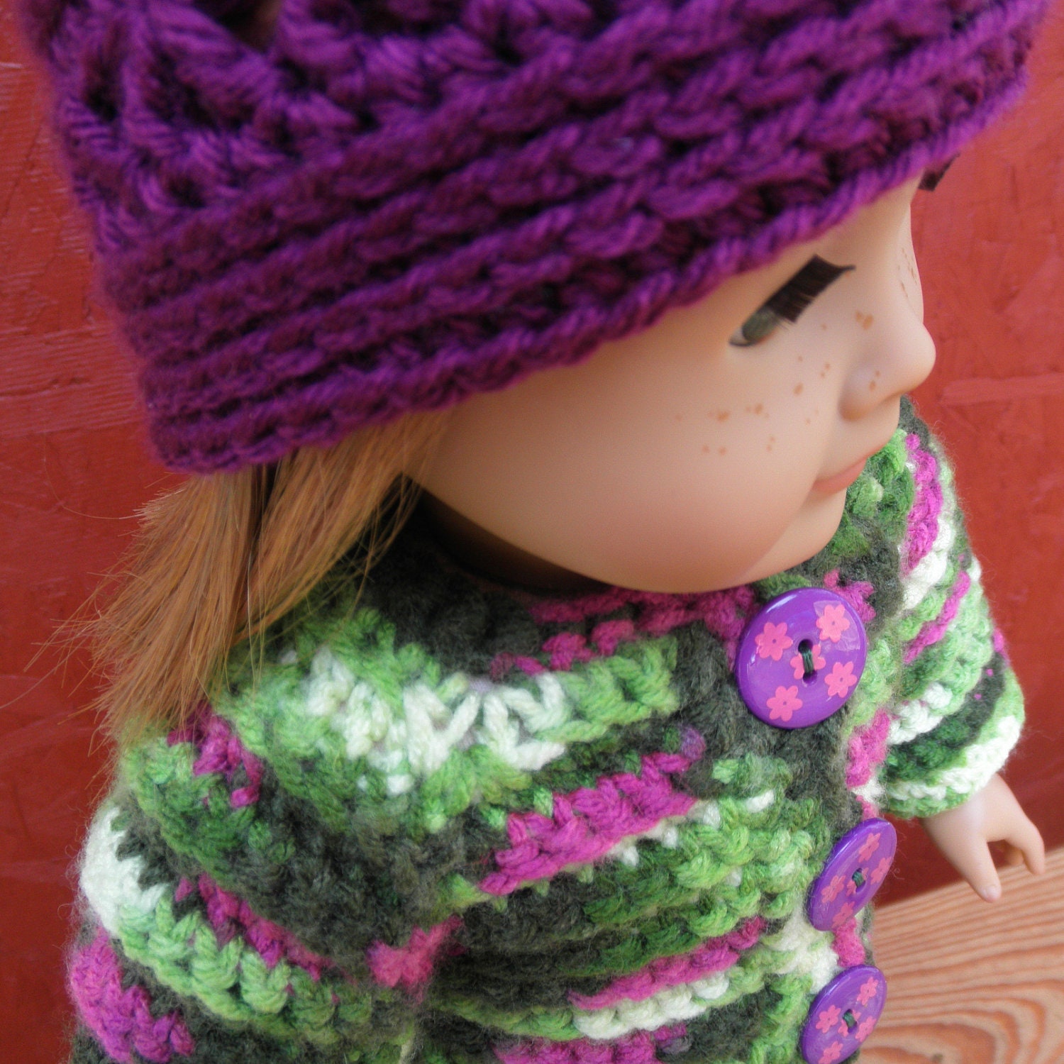 American Girl DOLL SWEATER HAT set in magenta and greens