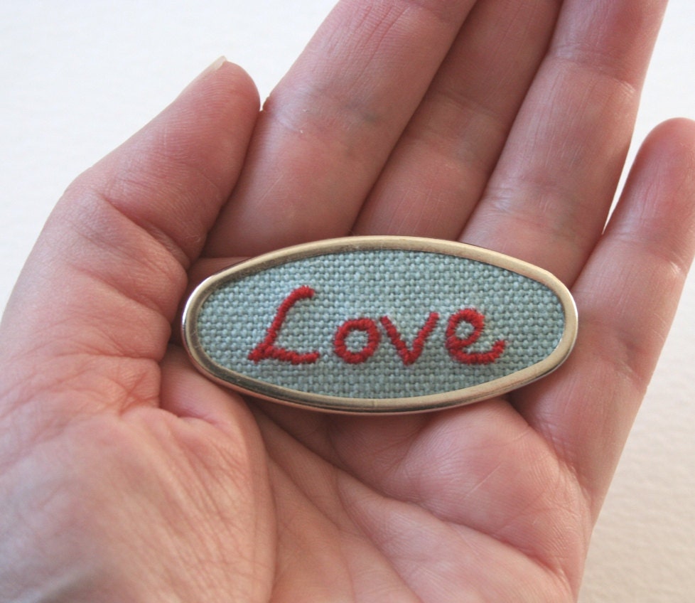 Hand Embroidered Love Brooch Red and Aqua Blue Love Token