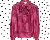 Pink and Black Houndstooth Secretary Blouse with Removable Sash- Vintage 1980s- Size 8