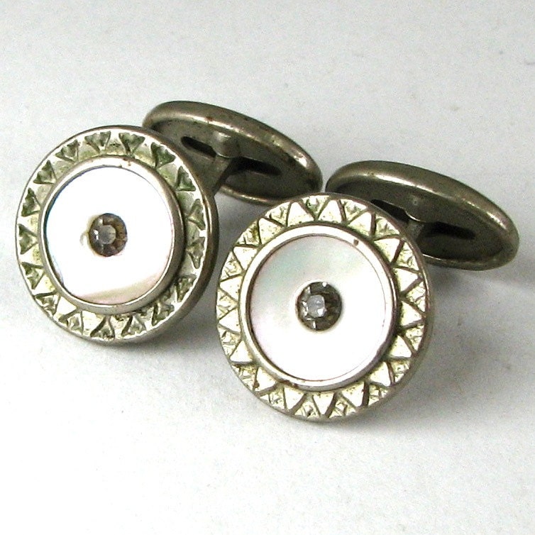 Antique Art Deco Mother of Pearl and Rhinestone Cufflinks Silver Tone Round Circa 1920