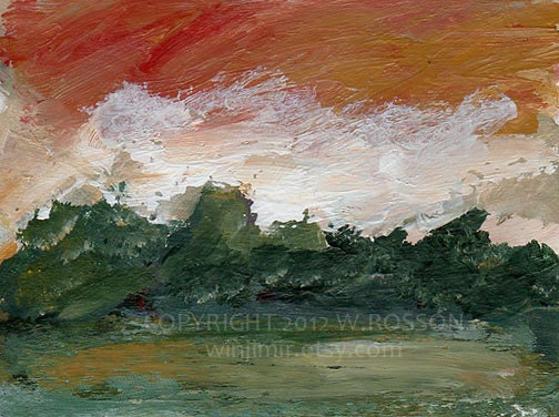 Orange Sky, White Clouds,  Trees,Landscape, Original Painting, ACEO, Winjimir, Fine Art, Impressionism, Art Card, collecting, gift