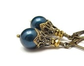 Blue Pearl Earrings Swarovski Crystal Pearls Ornate Stacked Caps Neo Victorian Wedding Jewelry Hawaii Beads