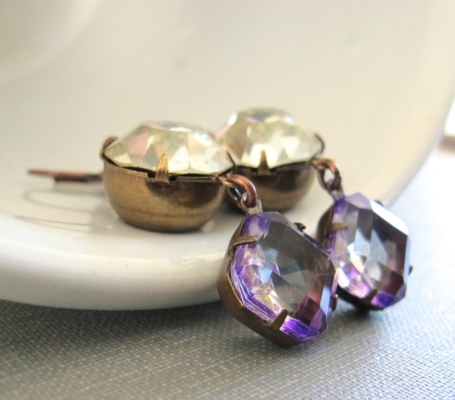 Rhinestone Earrings, Copper Earrings, Copper Jewelry, Vintage Glass, Vintage Rhinestone, Crystal Clear, Purple Glass