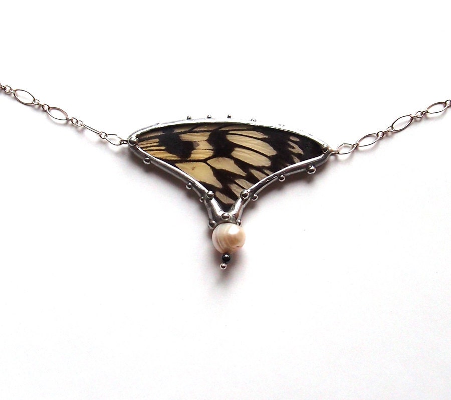Real Black and White Butterfly Wing Necklace with Freshwater Pearl - Nature Art Jewelry