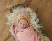 Cabled button strap Hood for NEWBORNS photography prop - Pink and yellow