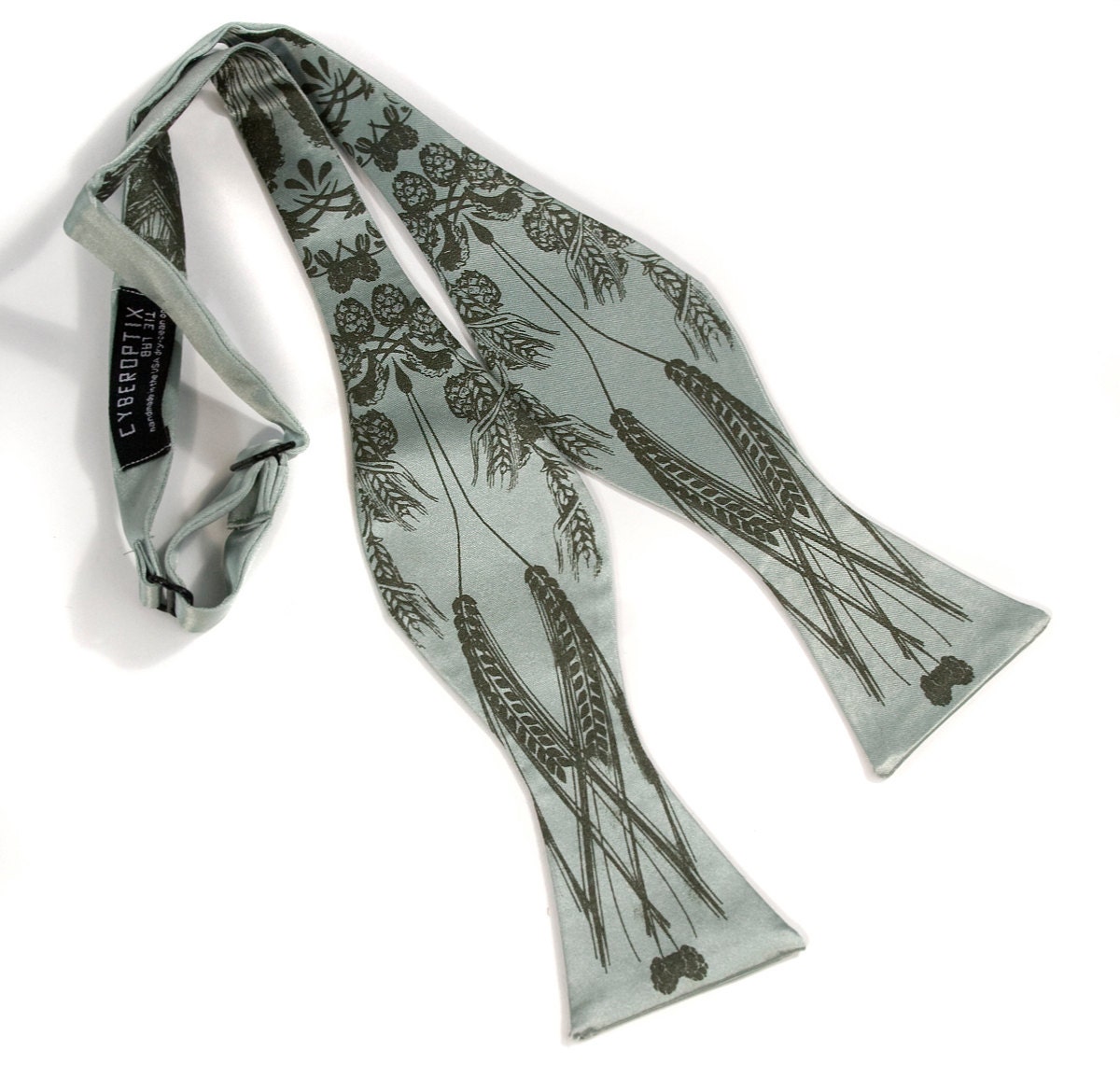 Beer bow tie. Sea foam tie & golden olive print. Screenprinted hops barley and wheat freestye self-tie style.