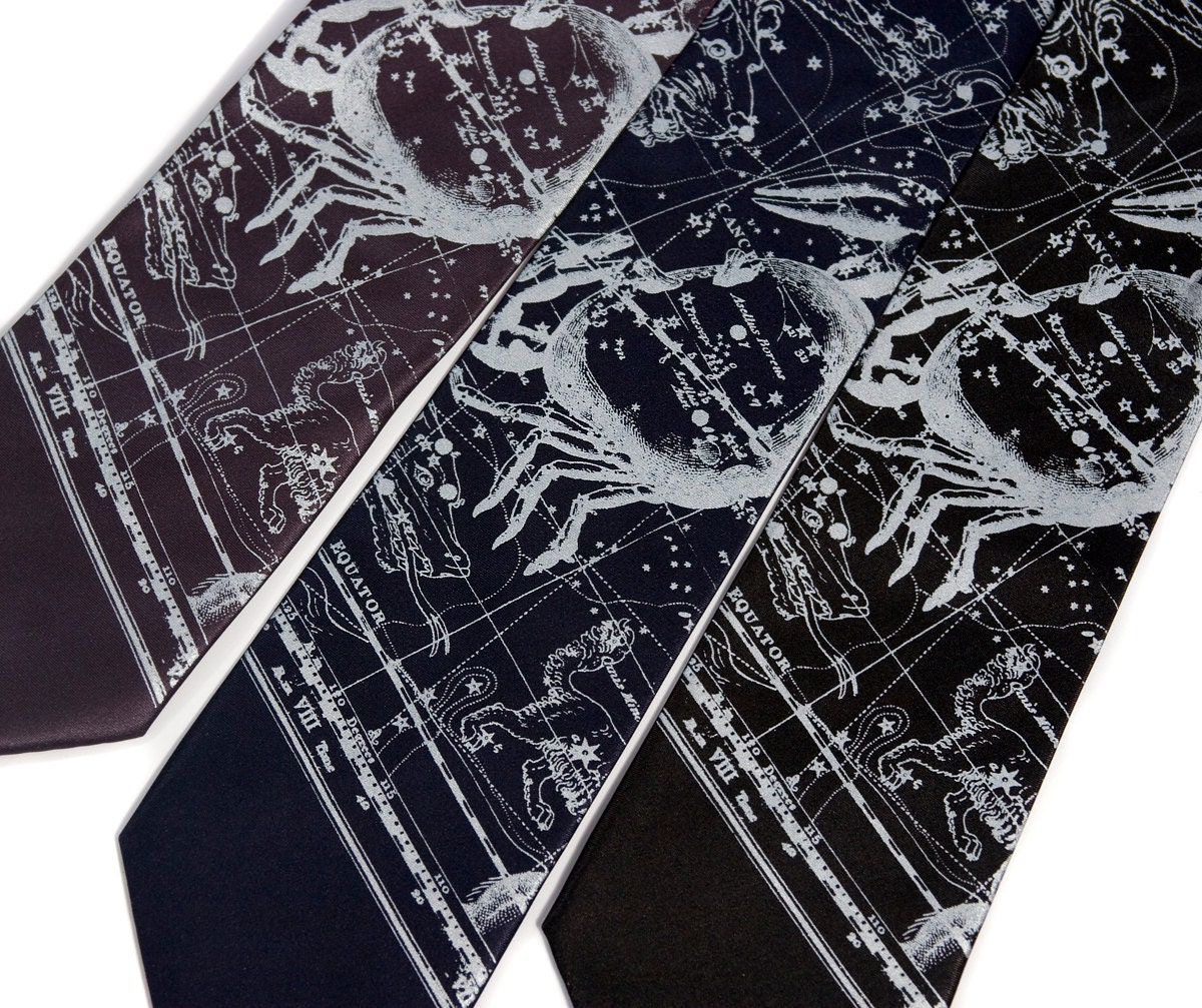 Cancer Zodiac necktie. Night sky constellation tie. Star chart men's tie. Silver crab print. Your choice of microfiber tie colors.