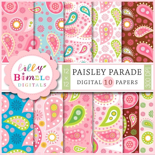 Paisley Parade digital papers for scrapbooking, cards, invites, pink, brown, blue Il_570xn