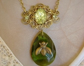Being Green - Vintage Filigree Peridot Brooch Green Chandelier Crystal Honey Bee Recycled Repurposed Assemblage Necklace
