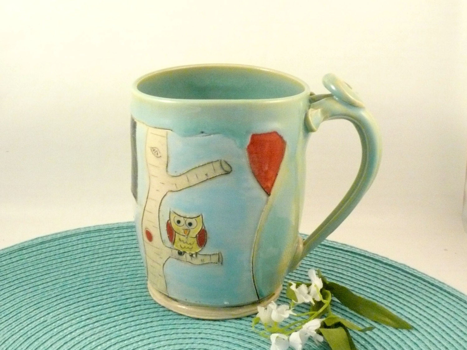 Large Coffee cup with trees and owl   holds 22 ounces / beer stein or tankard / tea mug / teacup / ready to ship today WM44