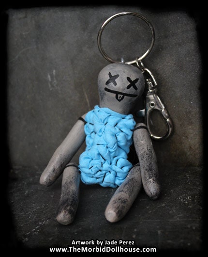 Handmade Happy Dead Doll - Blue/Grey Keychain - Car Mirror Ornament