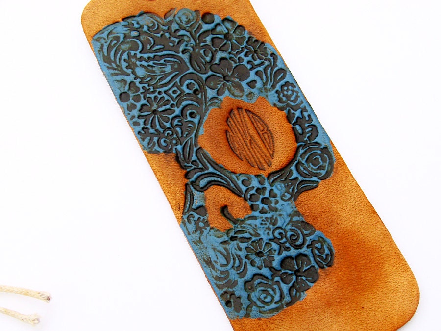 Leather Luggage Tag Day of the Dead Sugar Skull Monogram