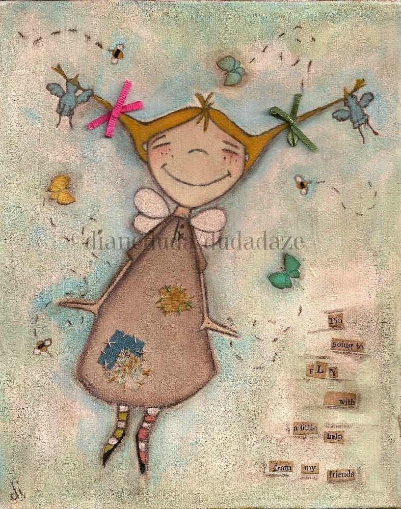 Print of my original folk art painting -  A Little Help - Fairy, angel, friends, birds, butterfly, bees