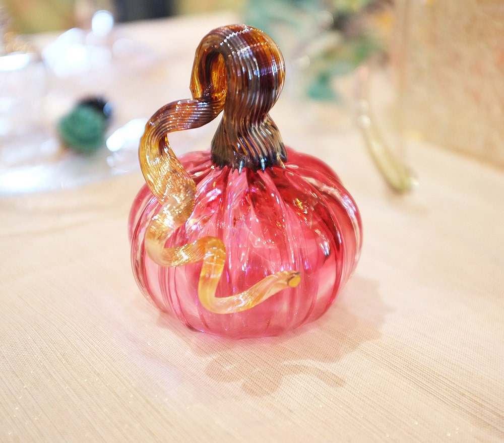 Hand-Blown Ruby Pumpkin with Metallic Gold Princess Stem