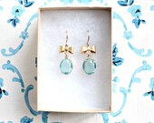 Golden Bow And Aqua Glass Charm Dangle Earrings