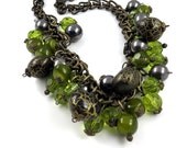 Brass Charm   Necklace.   Metal.    Grapes Branch. Chunky charms with wood, glass, gemstone, shiny beads.  Fashion  Brand Faina.