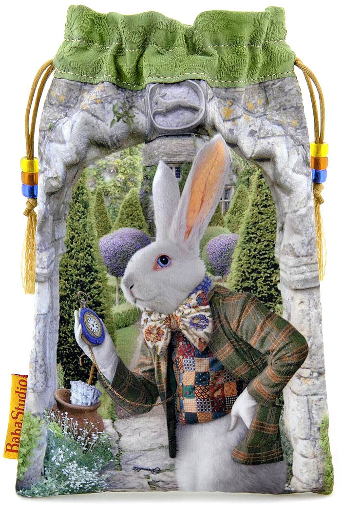 The White Rabbit. Drawstring Alice in Wonderland limited edition pouch, satin print and hand-dyed Japanese silk kimono.