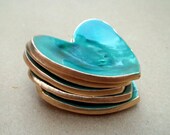 FIVE  itty bitty Ceramic Heart ring bowls Malachite Green and gold edged