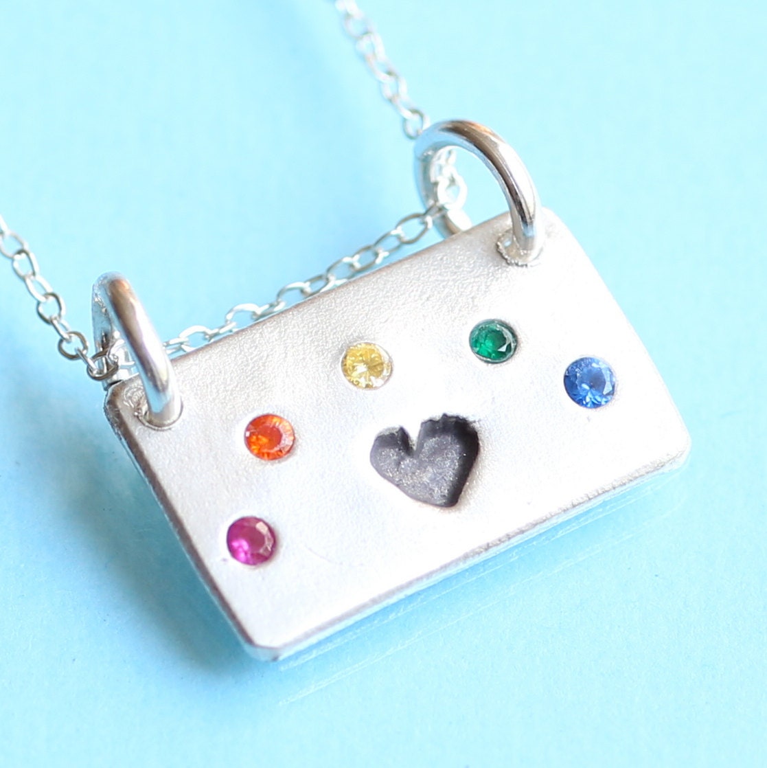 HEART and RAINBOW necklace, square pendant with a rainbow of GEMSTONES, eco-friendly silver. Handcrafted by Chocolate and Steel