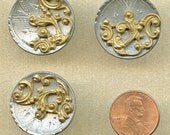 Victorian PEWTER and BRASS Buttons Matching Set of Three 3 Antique Large Engraved  1 inch size 8212