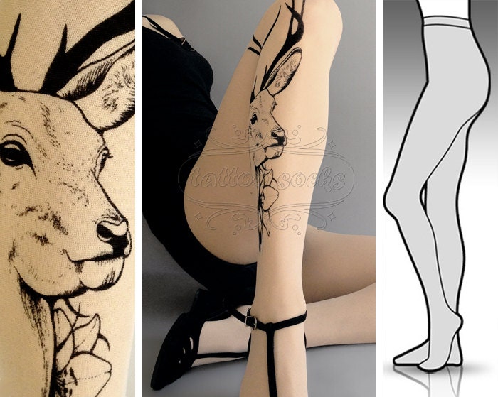 Ultra Pale sexy Oh Deer tattoo tights / stockings/ full length / pantyhose / nylons