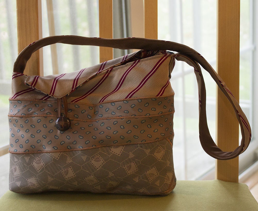 Necktie shoulder bag in browns, tans, silk, cotton lined, No. 432