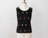Black Sequin Top Sweater Tank 1950s Vintage - S/M