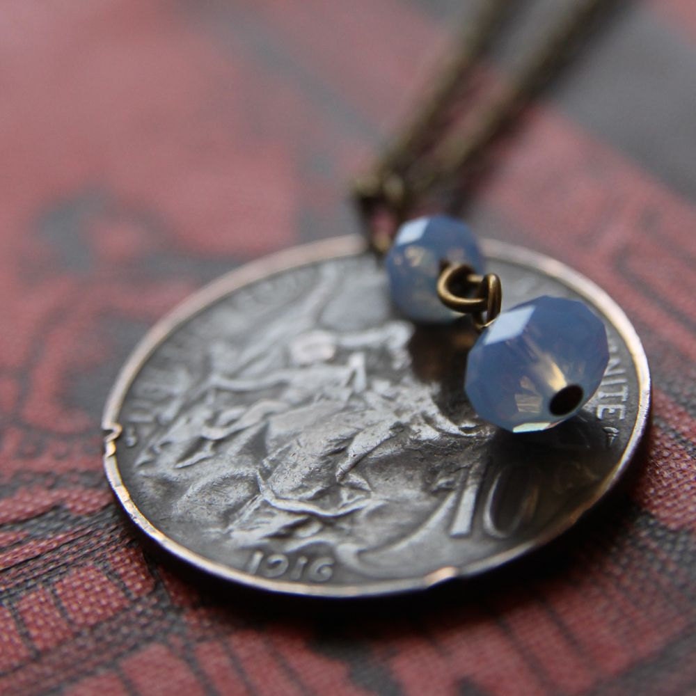 Blueberry Necklace with Antique French Coin and Swarovski Crystals