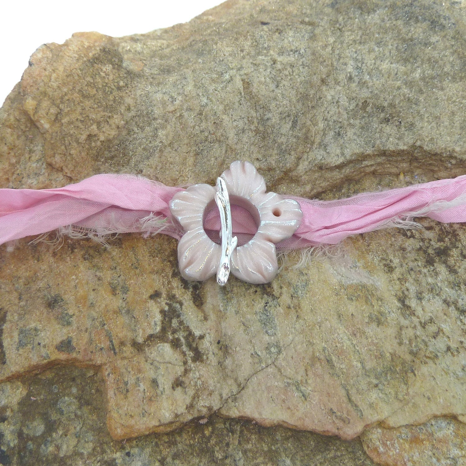 Flower Toggle Clasp -  Pearl Pink antiqued with Silver