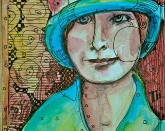 Illustration Blue Woman in Hat   Art Prints by Mary Vogel Lozinak      srajd zentangle zen tangle 8x10