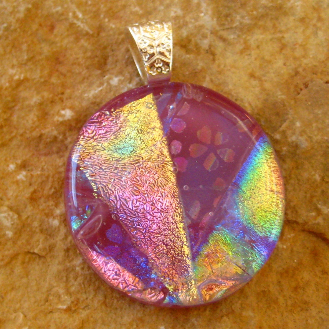 Round Fused Glass Pendant, Dichroic Fused Glass Pendant, Pink Glass Pendant - Dogwoods and Rainbows