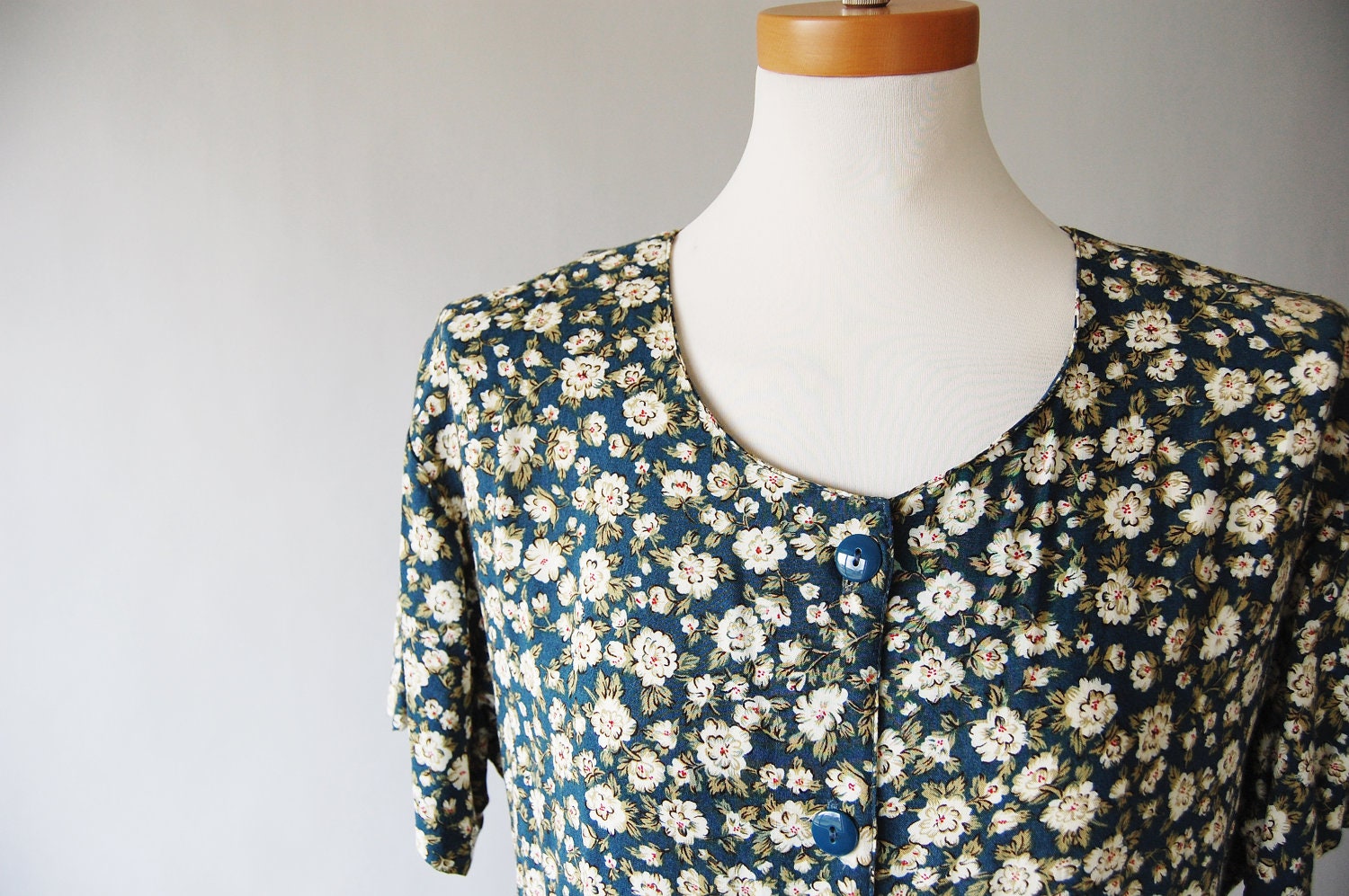 vintage 80s Rayon Dress / midi Tent Dress / Empire Waist sack / dark Teal Floral Print  w cream red / m l xl