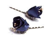 Navy Blue Flower Hairpin Set- NEW style Blossoming  Antique Brass Petal