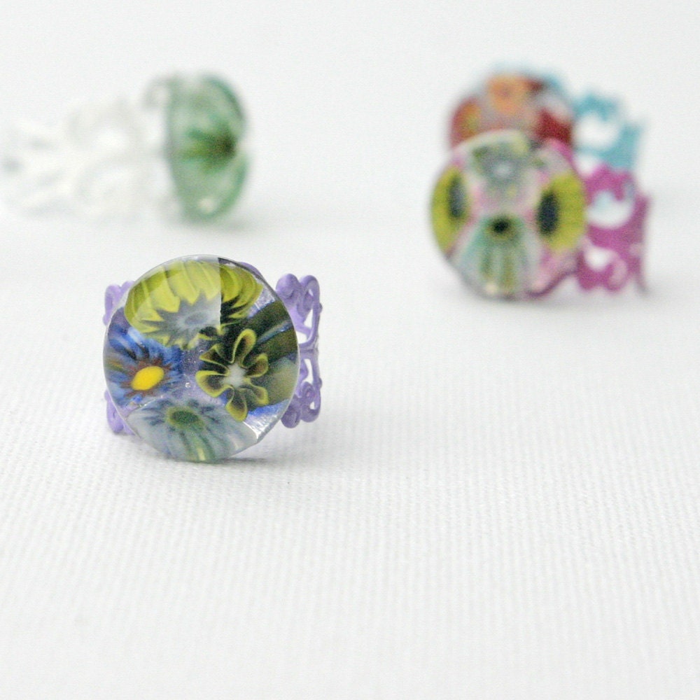 French Fused Glass Millefiori Cocktail Ring Adjustable Filigree