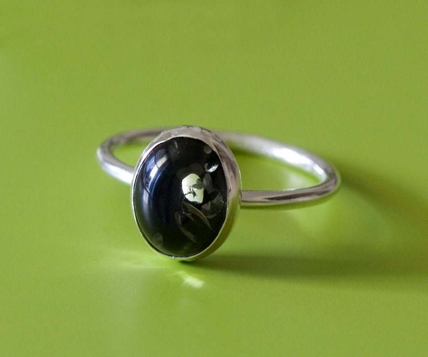 Dark Green Amber Ring - Sterling Silver Gemstone - Size 2 to 15