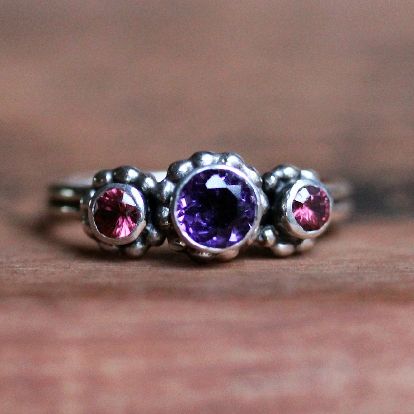 Crush ring trio - 3 stone ring - amethyst and rhodolite garnet - january february birthstones - ready to ship size 6.5