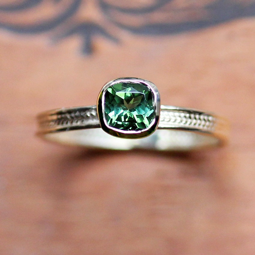 Green tourmaline ring in recycled 14k yellow gold - emerald green - cushion solitaire - wheat braid - ready to ship - size 7.25