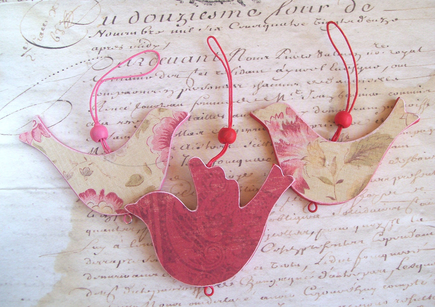 Dove / love bird patterned ornaments decoupage wood pink set of 3