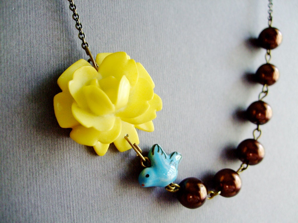 Blue Bird Jewelry,Bridal Jewelry,Bridesmaid Necklace,Pearl Necklace,Brown Jewelry,Yellow Necklace (Free matching earrings)