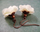 Flower Earrings, Creamy White, Fabric Flower and Copper Dangle Earrings, FREE Shipping U.S.