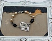 Vintage Rhinestone Pearl and Onyx  Assemblage Bracelet... Indigo