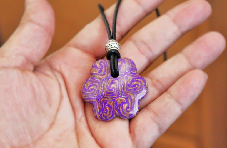 Flower boho pendant necklace.  Bohemian polymer clay pendant.  Purple orange.