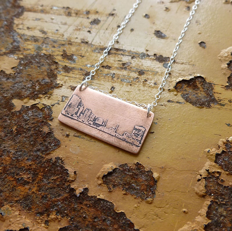 Toledo Ohio city skyline etched copper pendant with sterling silver chain handmade gift for her