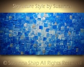 Original Large Blue Abstract Painting Textured Modern Palette Knife Oil Painting Ready to Hang 48x24 by Susanna