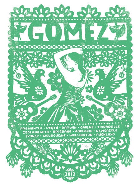 Gomez The Band Australian Tour 2012 Papel Picado Banner Quinceanera Silk Screen Rock Poster