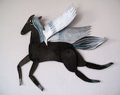 Silver Winged Black Horse Articulated Decoration  / Hinged Beasts Series - benconservato