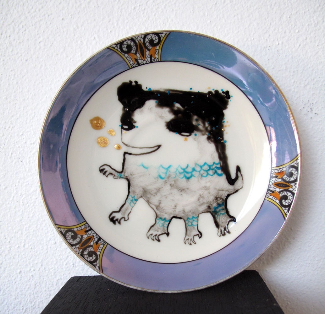 SALE Black and Blue Panda Eared Monster Decorative Plate / Original Piece