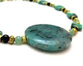 Necklace Choker Gold Green Black Jasper Onyx Turquoise Artisan Made Bold Chunky