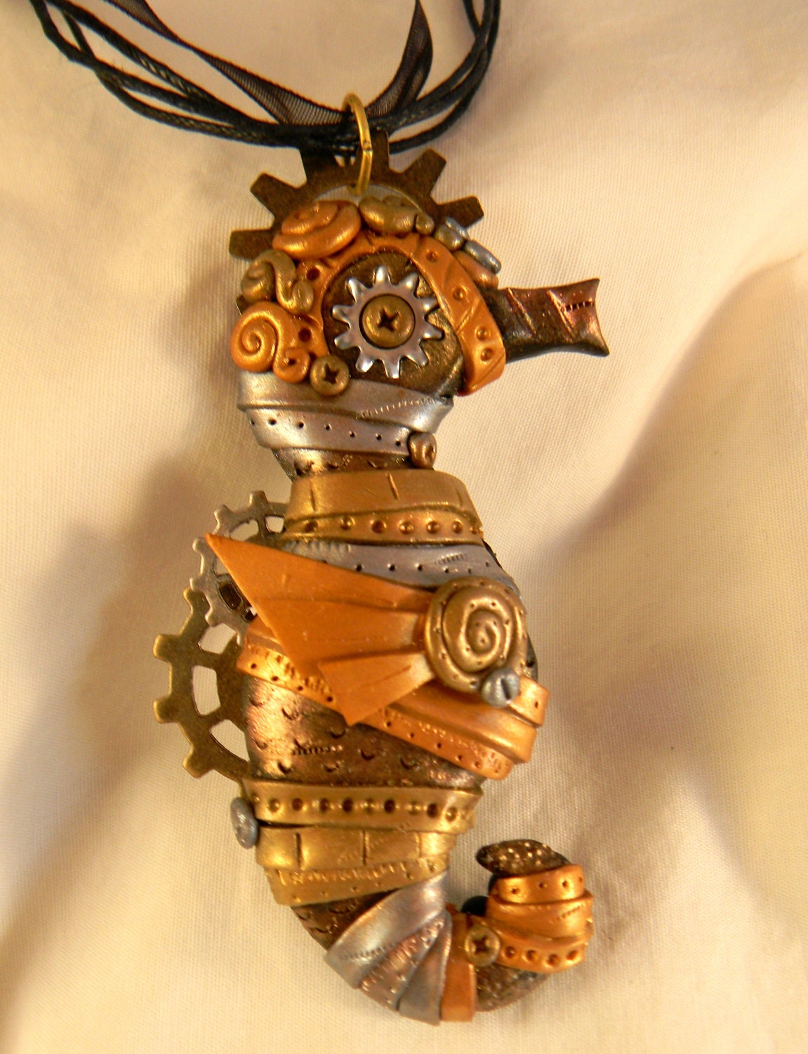 Steampunk Seahorse Metallics Necklace Polymer Clay